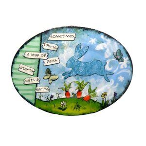 Rare Decorative Oval Ceramic Plate Trinket Dish w Bunny & Inspirational Quote